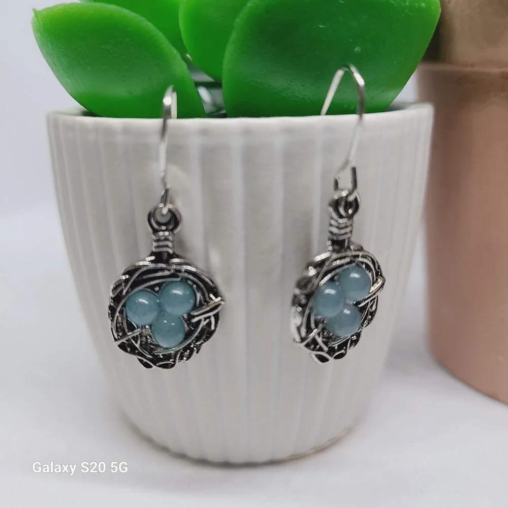 Bird Nest Earrings Blue Eggs Silver Tone‎ Dangle Drop Women's Jewelry NWOT - Picture 4 of 5